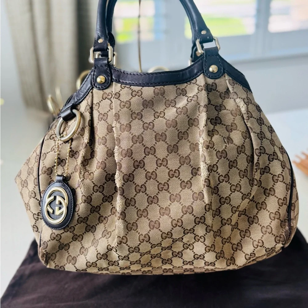 Gucci Beige and Brown GG Canvas Tote with Dark Brown Leather Trim